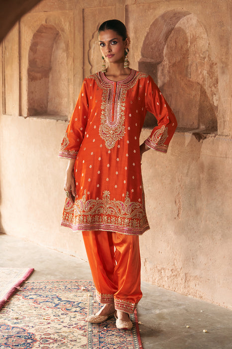 FARHANA - BURNT ORANGE SHORT KURTA WITH SALWAR AND DUPATTA