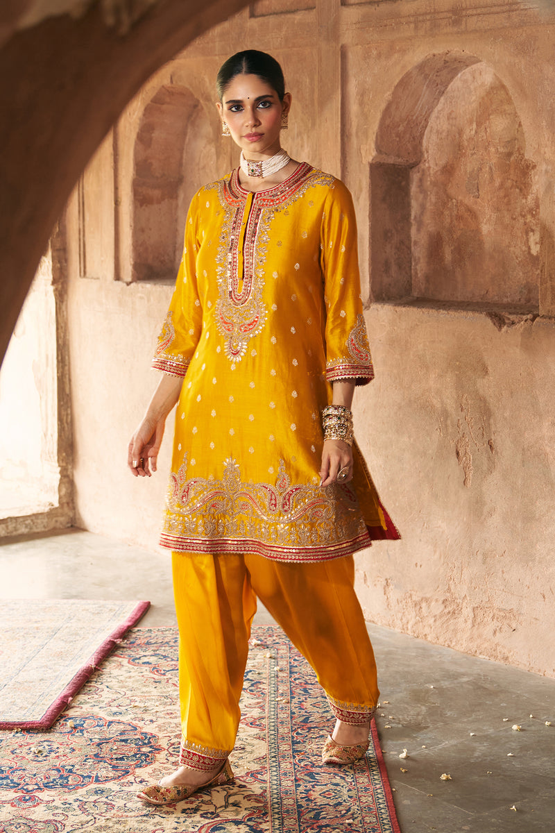 FARHANA - MUSTARD SHORT KURTA WITH SALWAR AND DUPATTA
