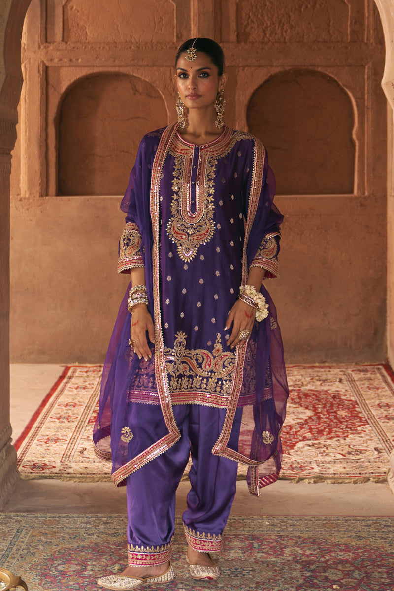 FARHANA - DEEP PURPLE SHORT KURTA WITH SALWAR AND DUPATTA