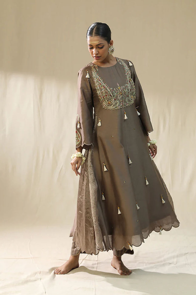 Mocha Ambi A Line Suit Set,Dori Zardozi Resham