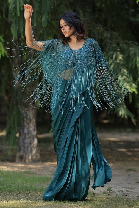 Peacock Green Drape Saree Set