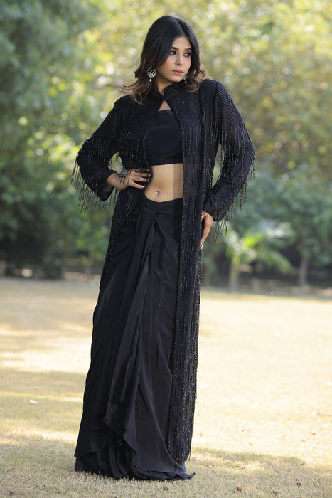 Black Jhallar Jacket Cape Set