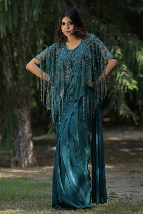 Peacock Green Drape Saree Set