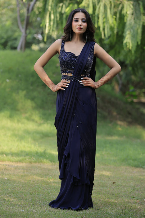 Midnight Blue Layered Saree Set