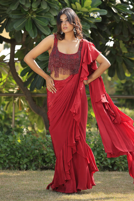 Ruby Red Ruffle Saree with Blouse Set