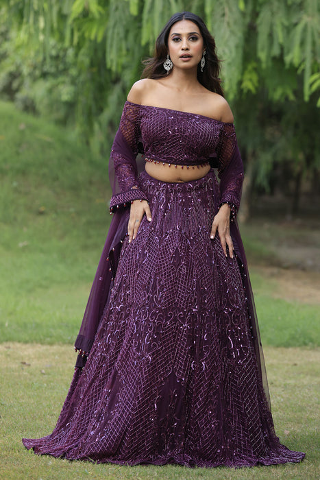 Wine Embellished Lehenga with Off- Shoulder Blouse Set