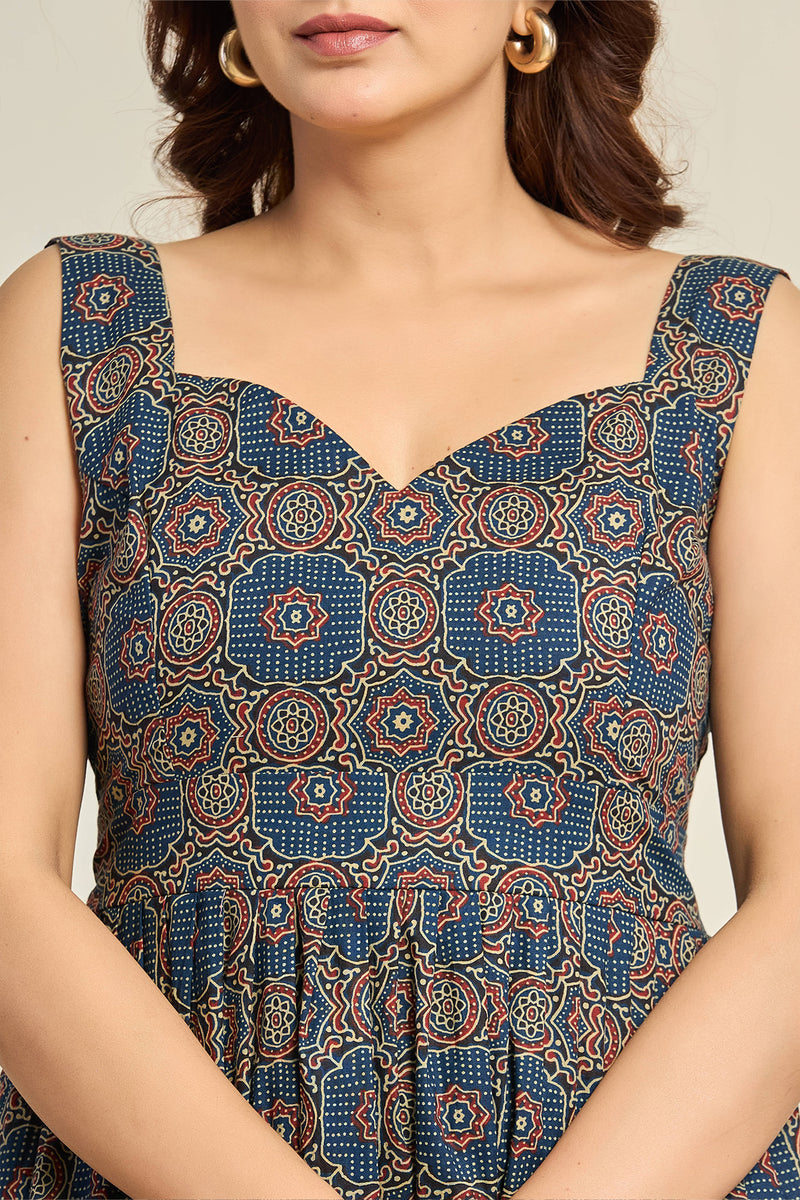Navy Blue Sleeveless Printed Fit & Flare Dress