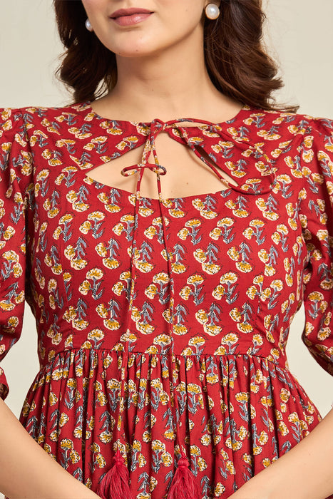 Red Paisley Cotton Midi Dress with Puff Sleeves