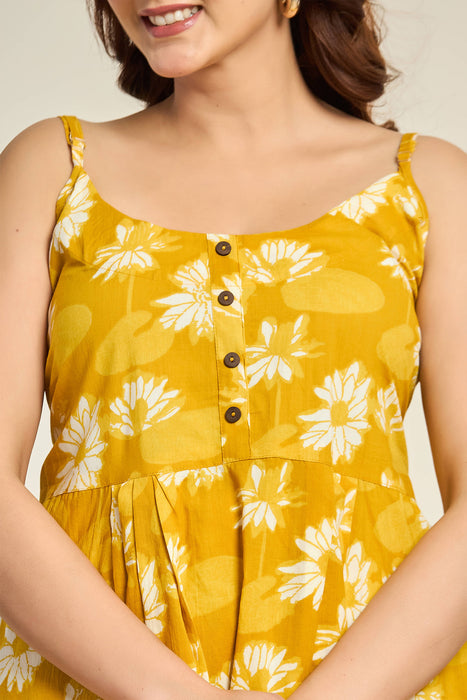 Mustard Strappy Floral Top & Printed Pants Set