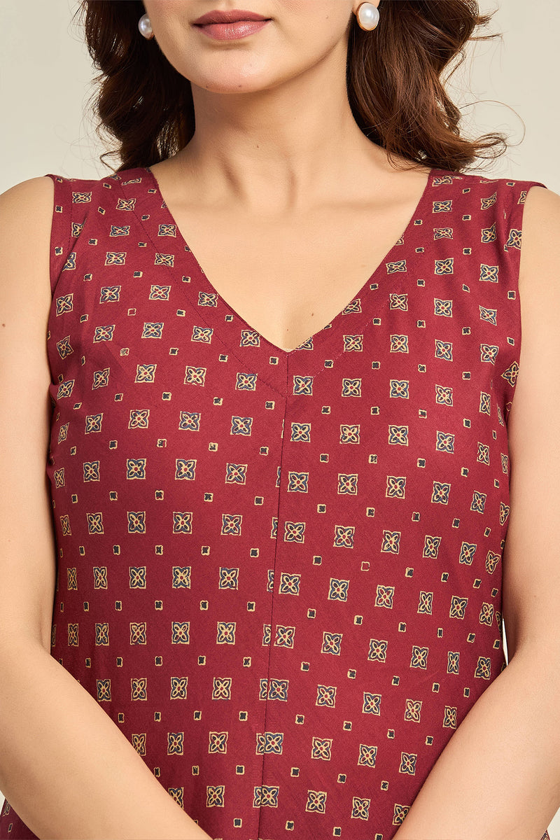 Sleeveless Maroon Cotton Maxi Dress with Block Print