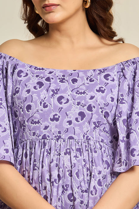 Lilac Floral Cotton Off-Shoulder Short Dress