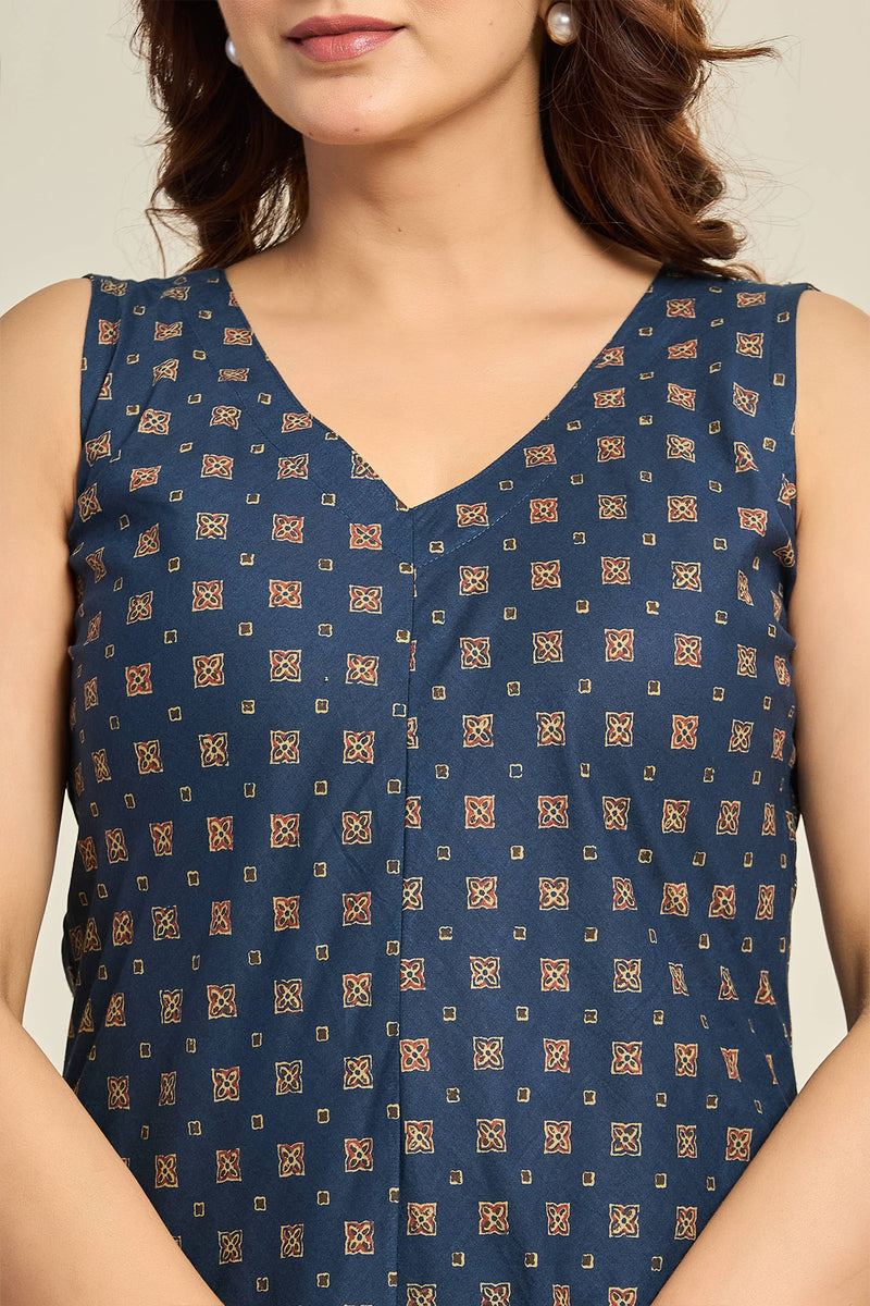 Sleeveless Indigo Cotton Maxi Dress with Block Print