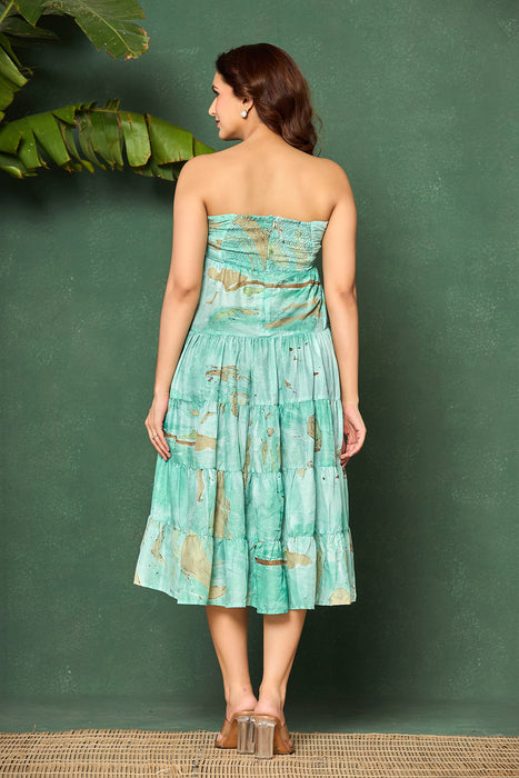Aqua Green Marble Strapless Tiered Cotton Dress
