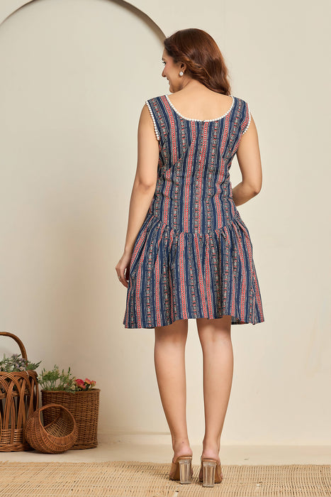 Boho Blue Striped Sleeveless Cotton Mini Dress