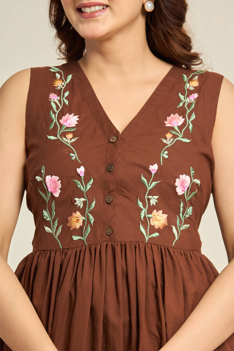 Chocolate Brown Floral Embroidered Cotton Co-ord Set for Women
