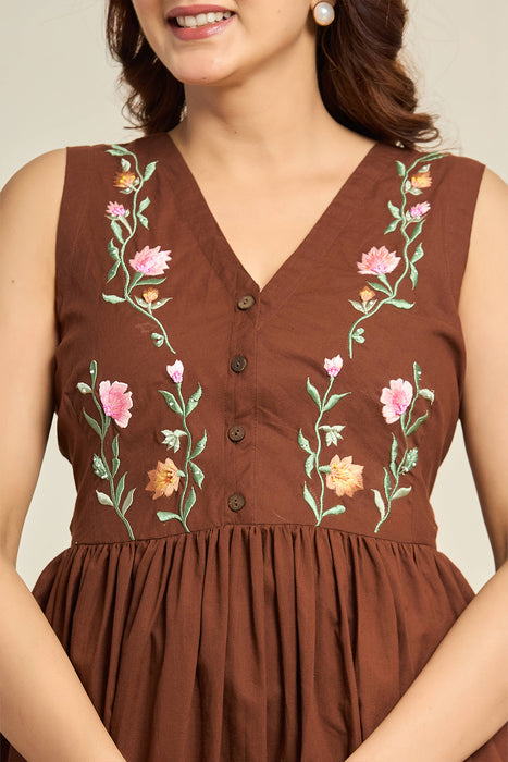 Chocolate Brown Floral Embroidered Cotton Co-ord Set for Women