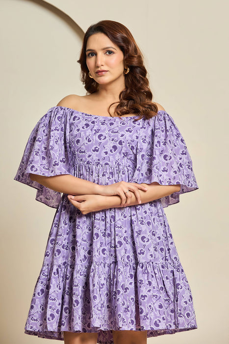 Lilac Floral Cotton Off-Shoulder Short Dress