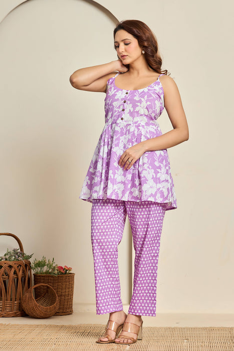 Lavender Floral Print Cotton Co-ord Set for Women