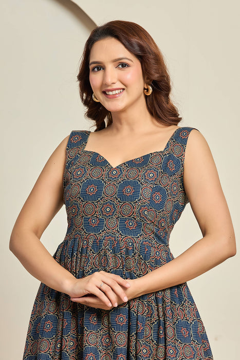 Navy Blue Sleeveless Printed Fit & Flare Dress