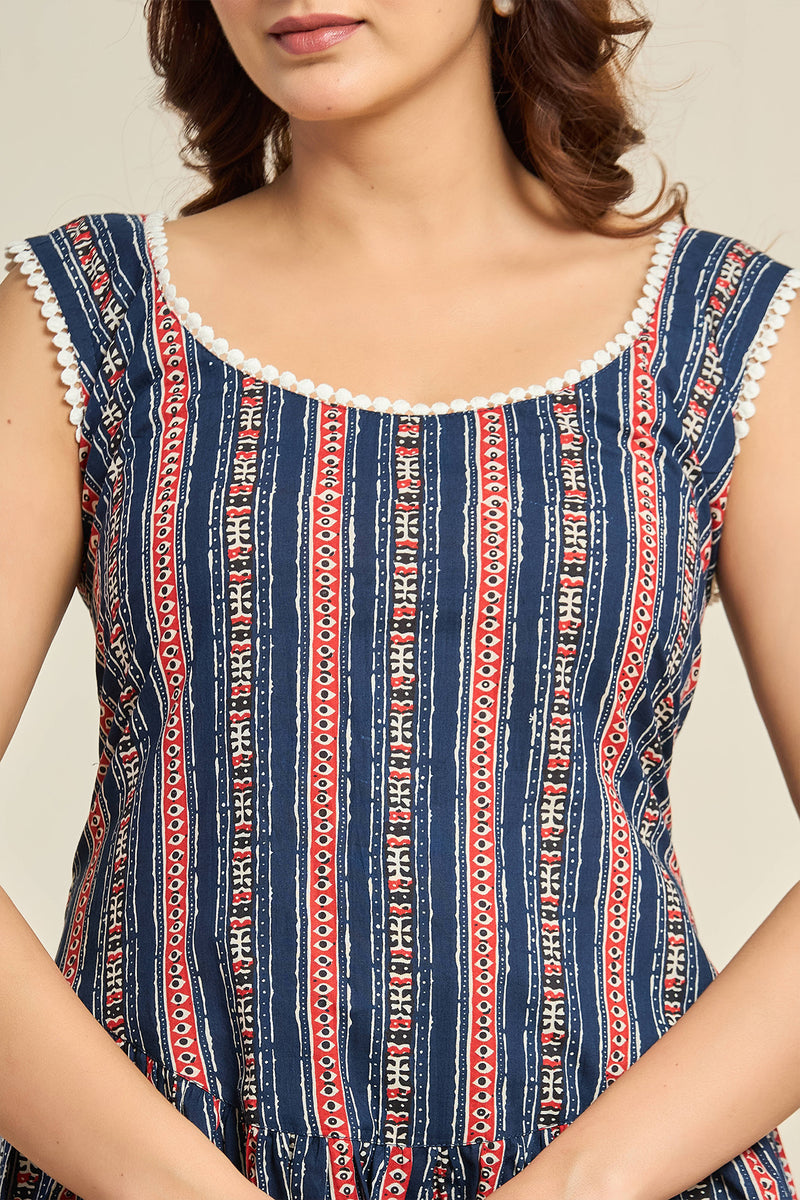 Boho Blue Striped Sleeveless Cotton Mini Dress