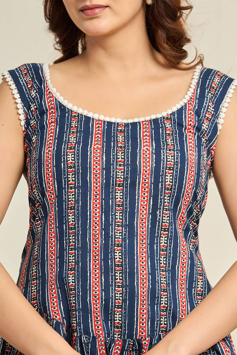 Boho Blue Striped Sleeveless Cotton Mini Dress