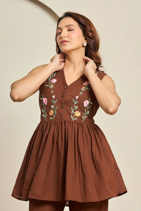 Chocolate Brown Floral Embroidered Cotton Co-ord Set for Women