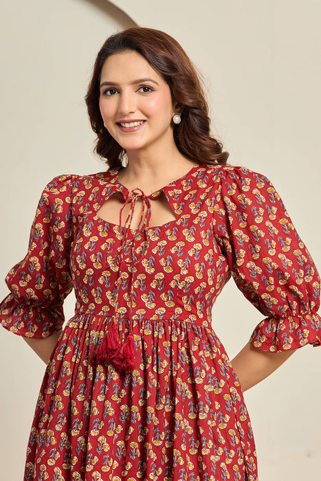 Red Paisley Cotton Midi Dress with Puff Sleeves