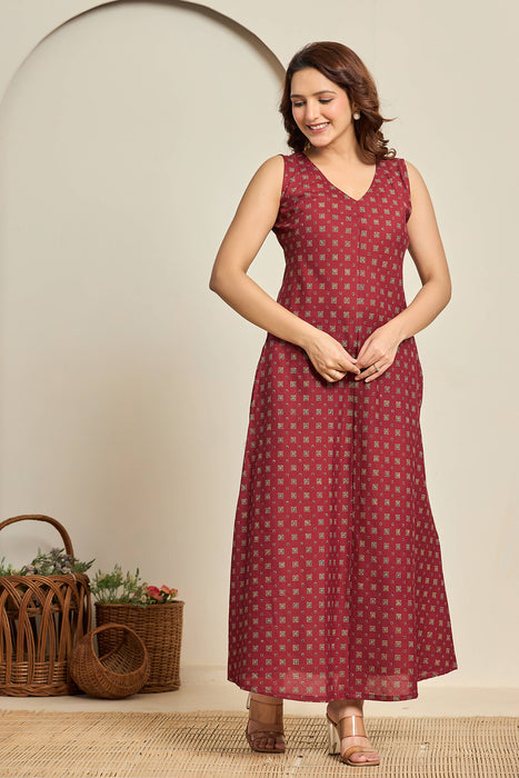 Sleeveless Maroon Cotton Maxi Dress with Block Print
