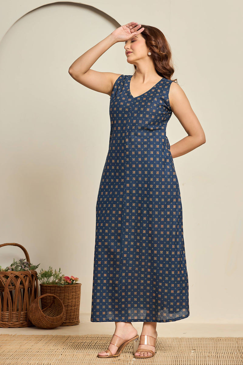 Sleeveless Indigo Cotton Maxi Dress with Block Print