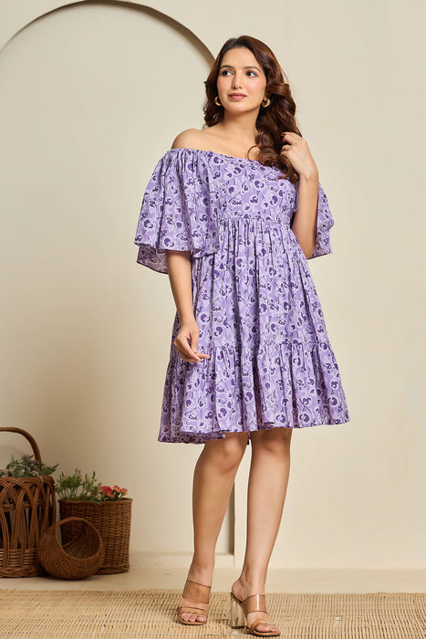 Lilac Floral Cotton Off-Shoulder Short Dress