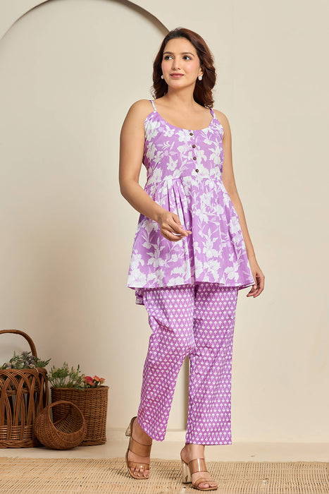 Lavender Floral Print Cotton Co-ord Set for Women