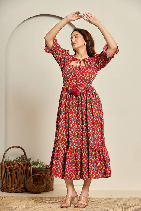 Red Paisley Cotton Midi Dress with Puff Sleeves