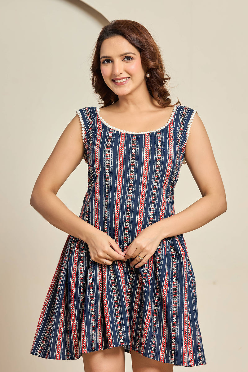 Boho Blue Striped Sleeveless Cotton Mini Dress