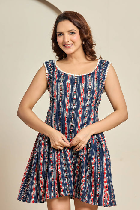 Boho Blue Striped Sleeveless Cotton Mini Dress