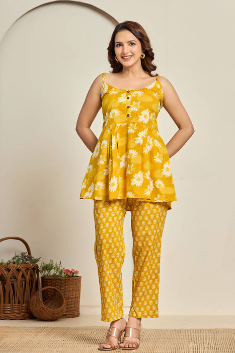 Mustard Strappy Floral Top & Printed Pants Set