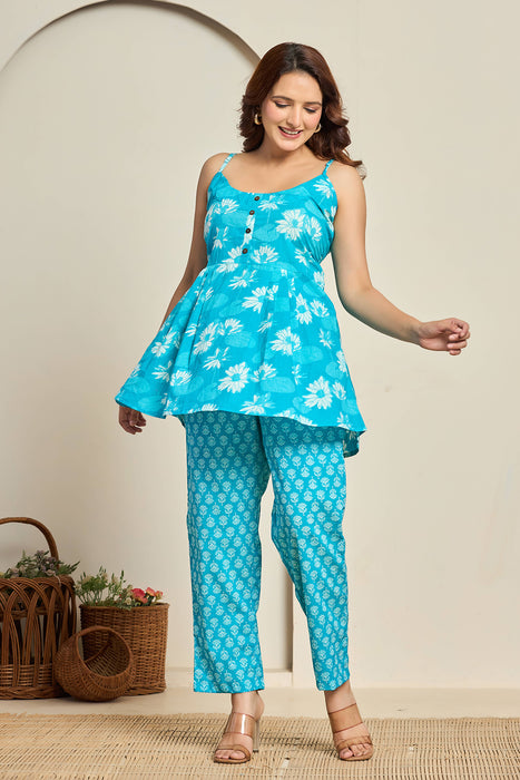 Turquoise Floral Cotton Co-ord Set