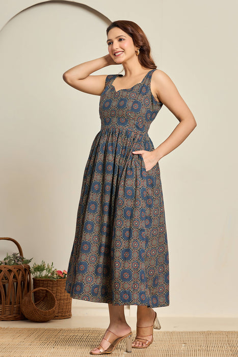 Navy Blue Sleeveless Printed Fit & Flare Dress