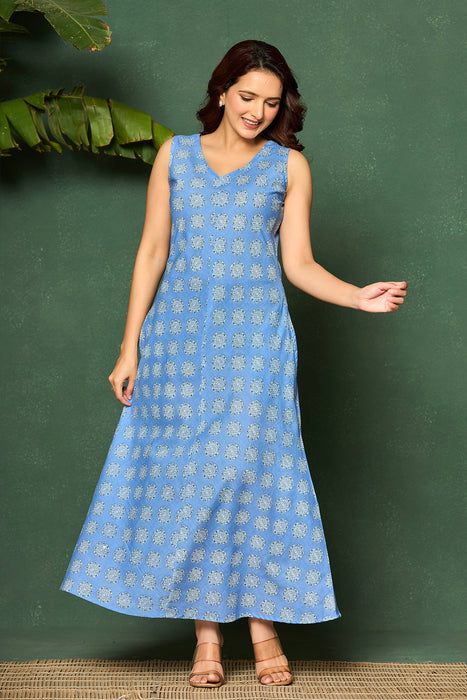 Sky Blue Sleeveless Cotton Maxi Dress