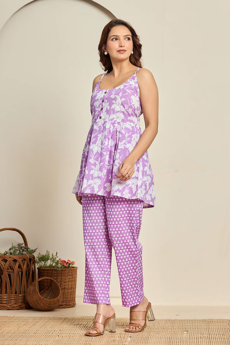 Lavender Floral Print Cotton Co-ord Set for Women