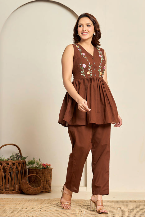 Chocolate Brown Floral Embroidered Cotton Co-ord Set for Women