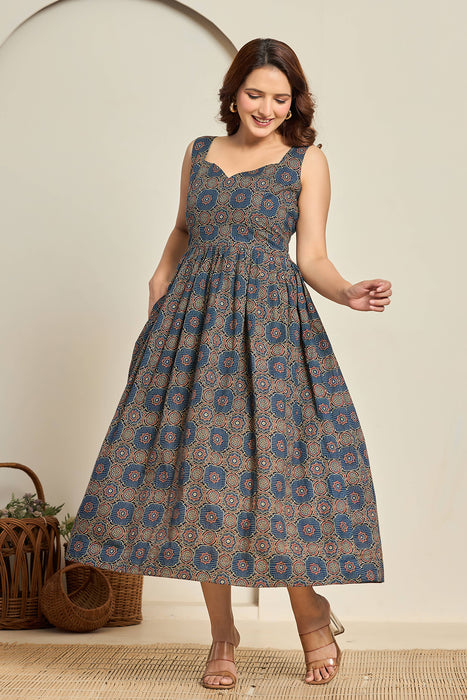 Navy Blue Sleeveless Printed Fit & Flare Dress