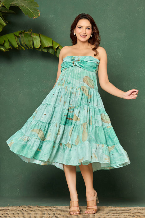 Aqua Green Marble Strapless Tiered Cotton Dress