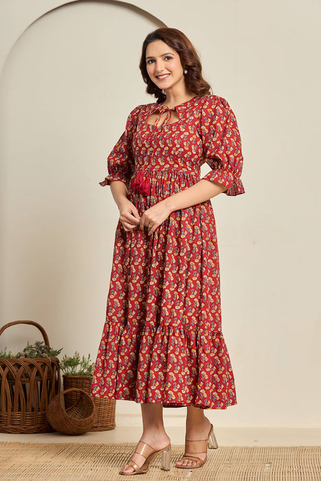 Red Paisley Cotton Midi Dress with Puff Sleeves