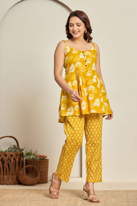Mustard Strappy Floral Top & Printed Pants Set