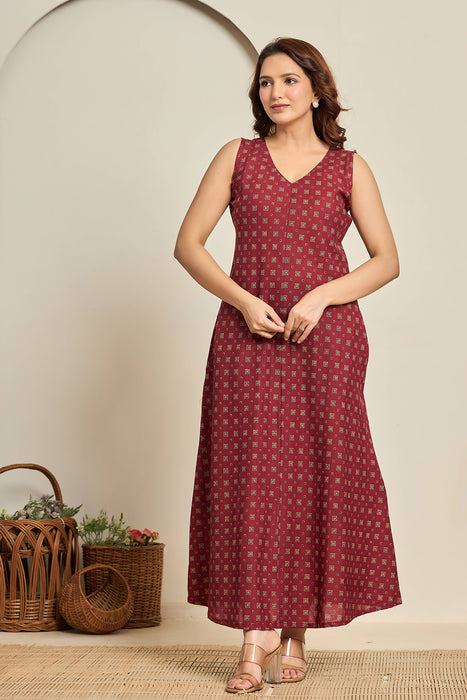 Sleeveless Maroon Cotton Maxi Dress with Block Print
