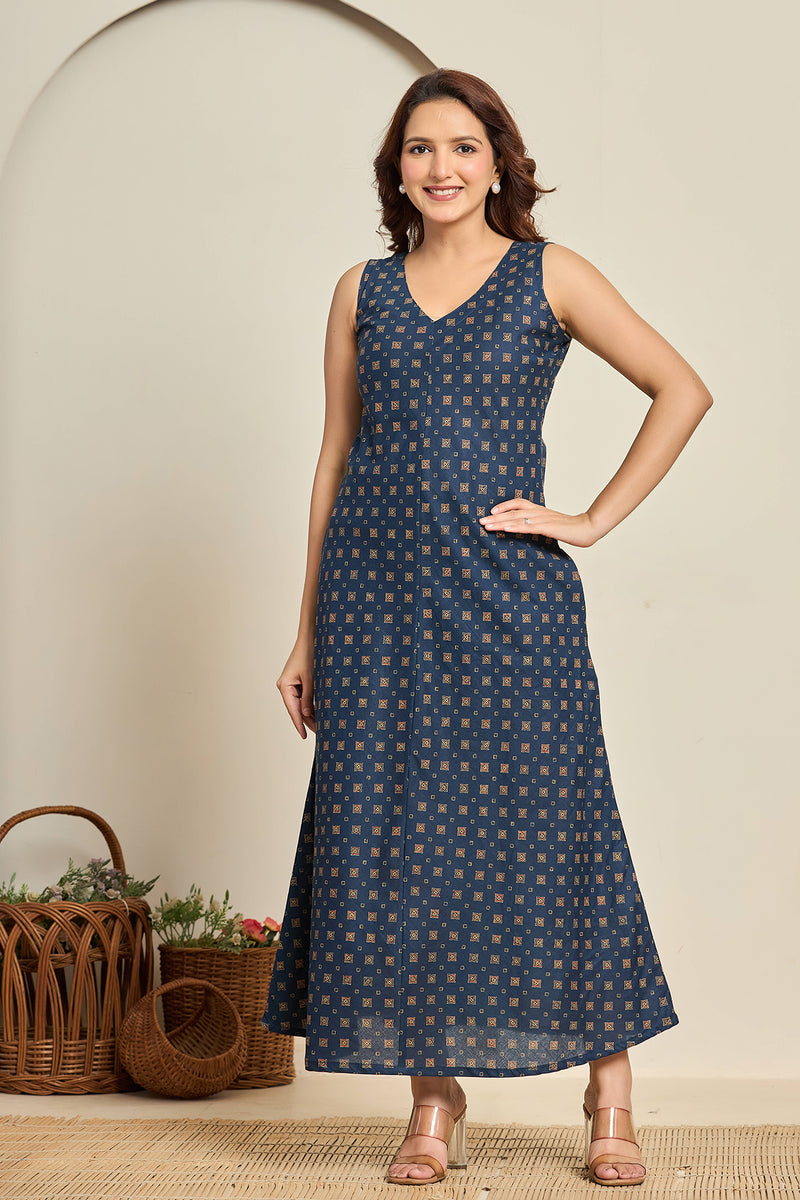 Sleeveless Indigo Cotton Maxi Dress with Block Print