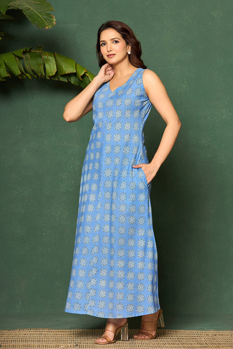 Sky Blue Sleeveless Cotton Maxi Dress
