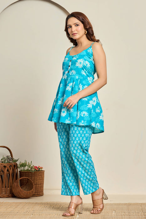 Turquoise Floral Cotton Co-ord Set