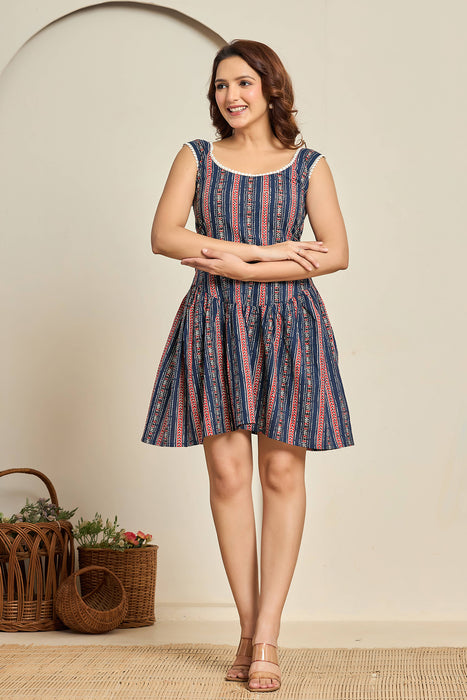 Boho Blue Striped Sleeveless Cotton Mini Dress