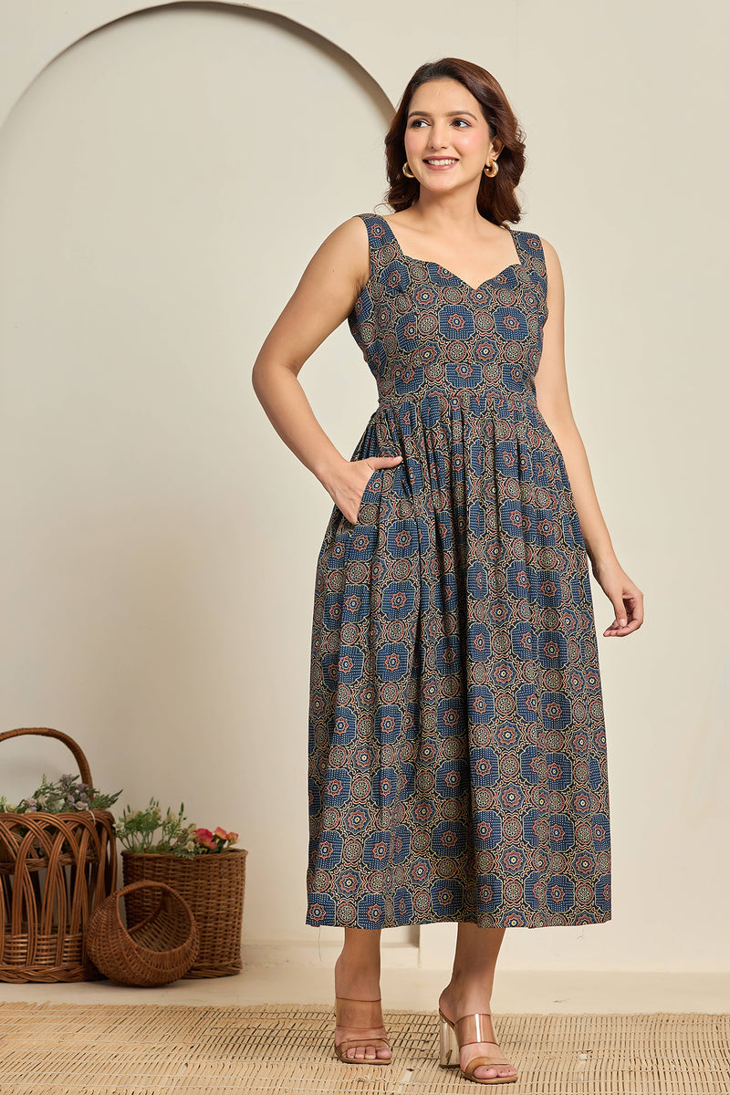 Navy Blue Sleeveless Printed Fit & Flare Dress